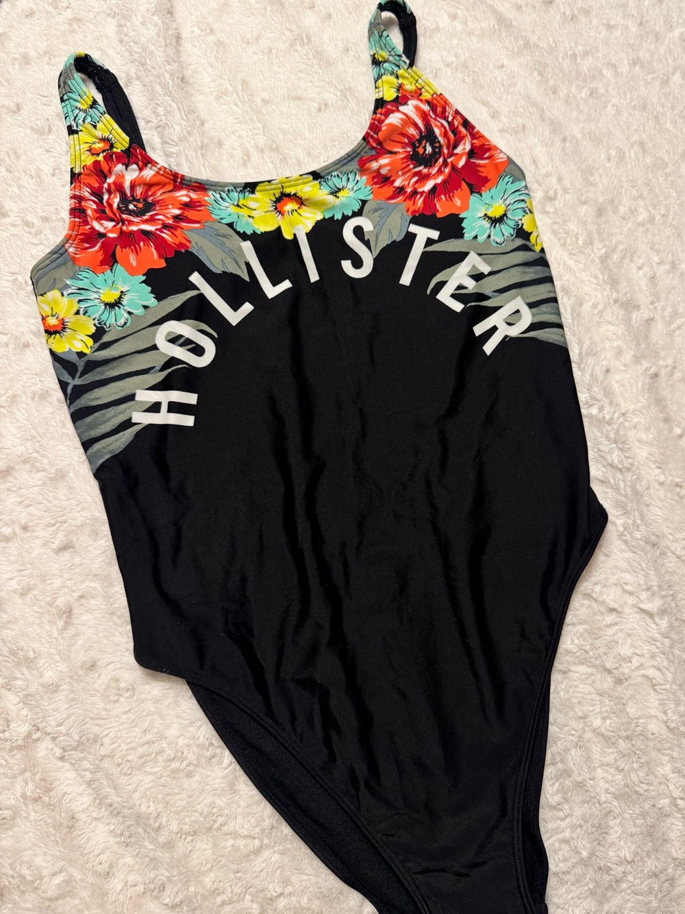 Hollister Black Swimsuit with Red and Yellow Floral Trim size M